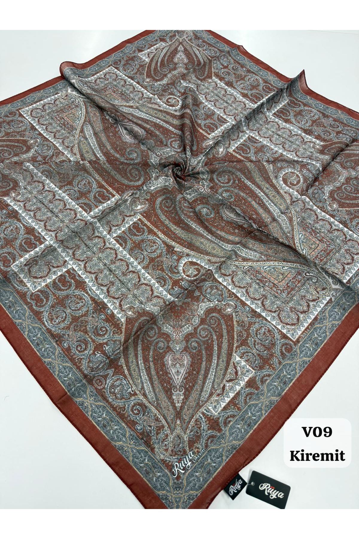 Rüya Lina Etnik Desen Soft Eşarp Kod: 0071 - V09-Kiremit