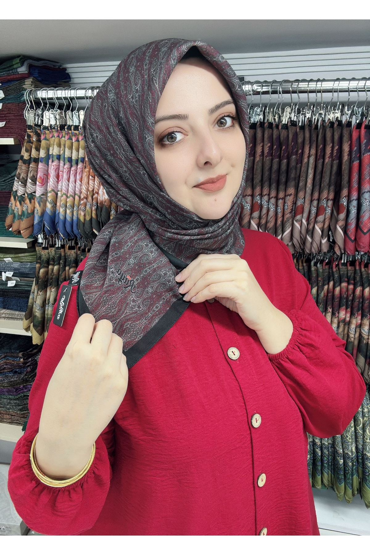 Rüya Lina Minimal Desen Soft Eşarp (Bordo/Siyah) 