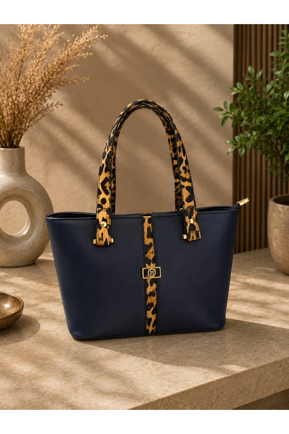 Leopar Detaylı Çanta - Lacivert