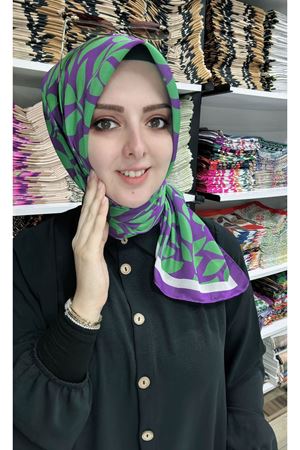 Yaprak Desen Soft Eşarp Mor Yeşil