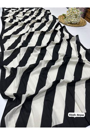 Çizgi Desen Naturel Şal (Siyah - Beyaz)