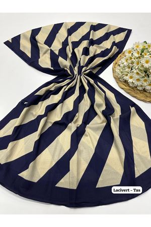 Çizgi Desen Naturel Şal (Lacivert - Taş) 