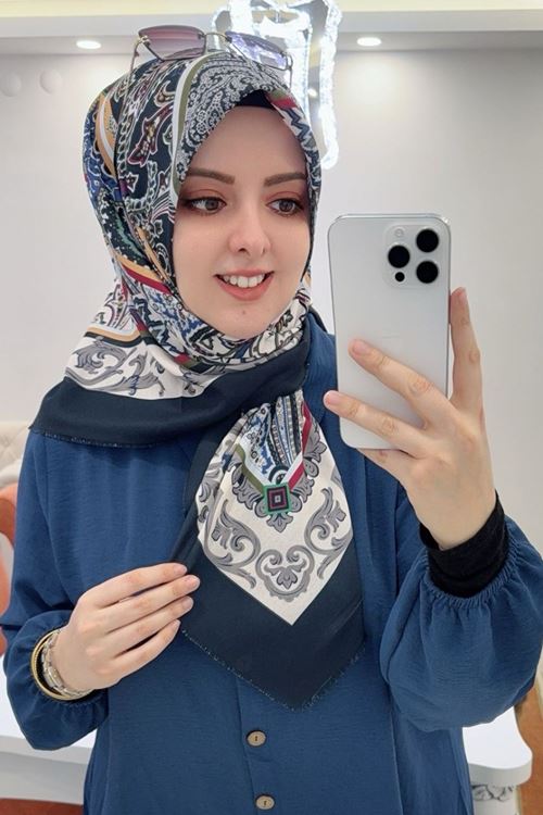  Rüya Koton Eşarp Etnik Desen (Lacivert)