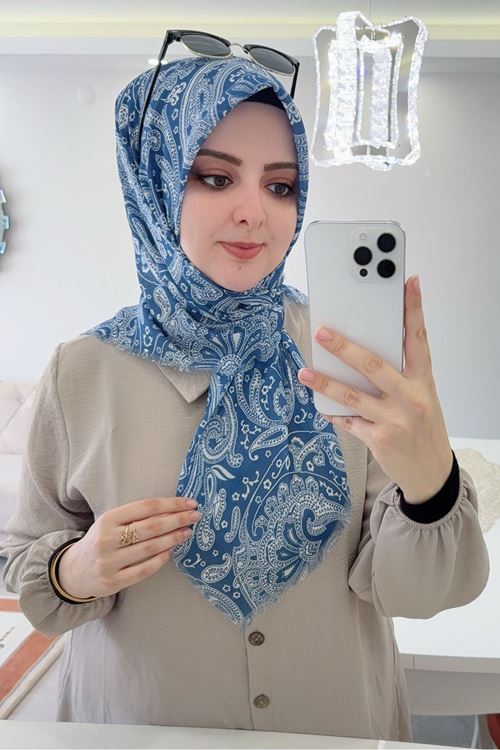 Rüya Koton Eşarp Luna Desen (Mavi)
