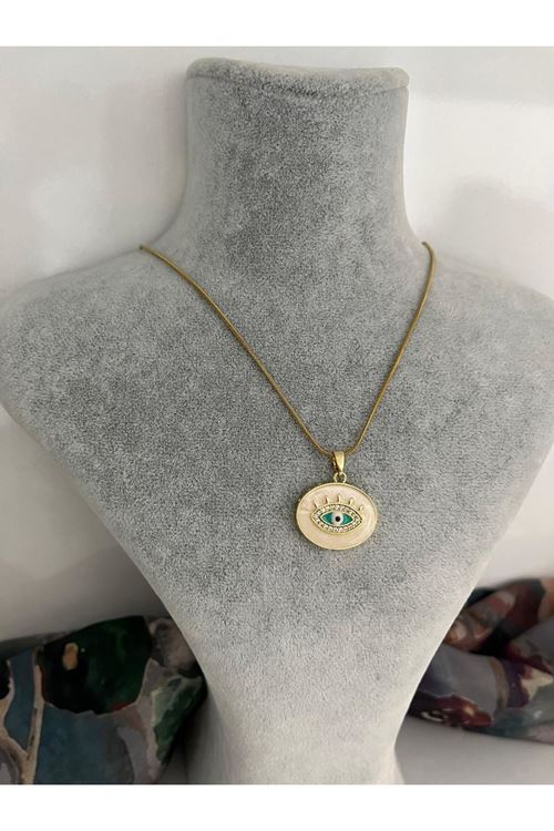 Beyaz Mİneli Oval Model Çelik Kolye 