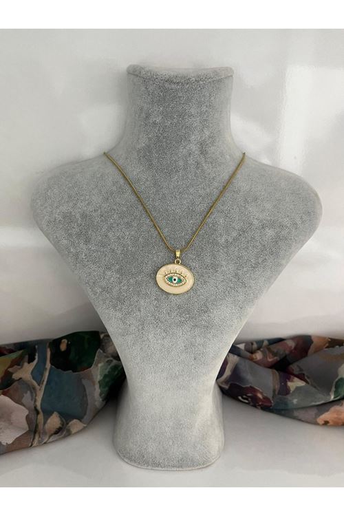 Beyaz Mİneli Oval Model Çelik Kolye 