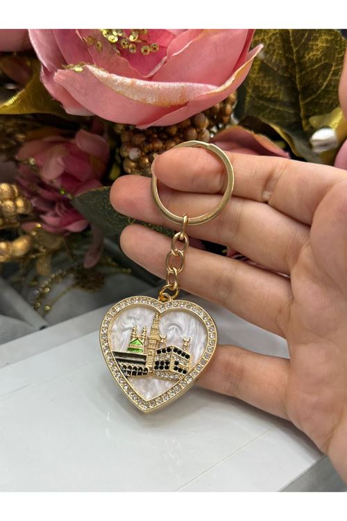 Sedefli Kalp Desen Anahtarlık (Beyaz)