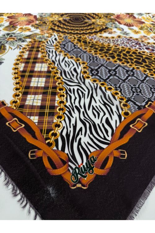Rüya Koton Eşarp Leopar Desen (Kenar Rengi Patlıcan Moru)  