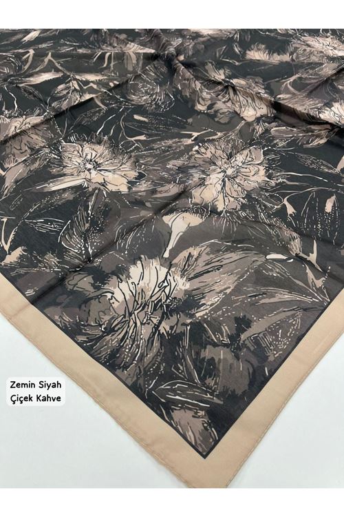 Rose Desen Soft Eşarp (Zemin Siyah Çiçek Kahve)