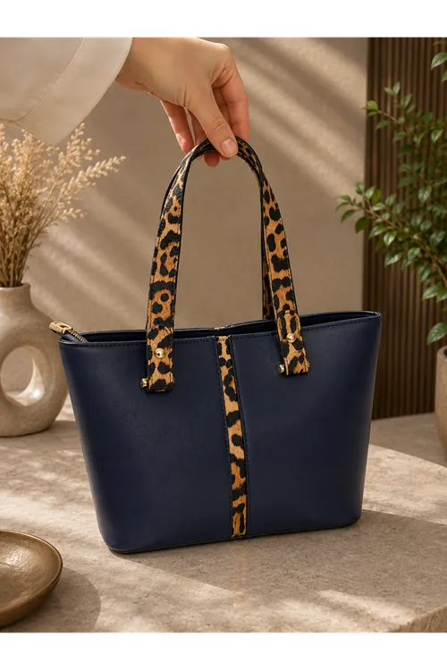 Leopar Detaylı Çanta - Lacivert